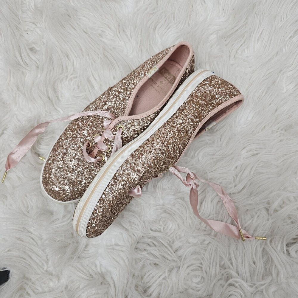 Keds X Kate Spade Champion Rose Gold Pink Glitter Ribbon Lace Flat Sneaker Sz 7